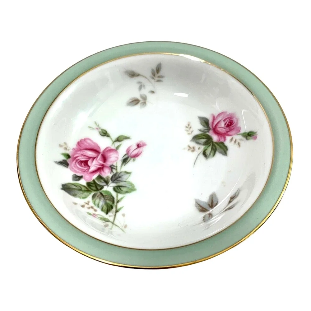 Noritake Priscilla Dessert Berry Bowl 5310 Pink Roses Gold Trim Green Accent Vtg